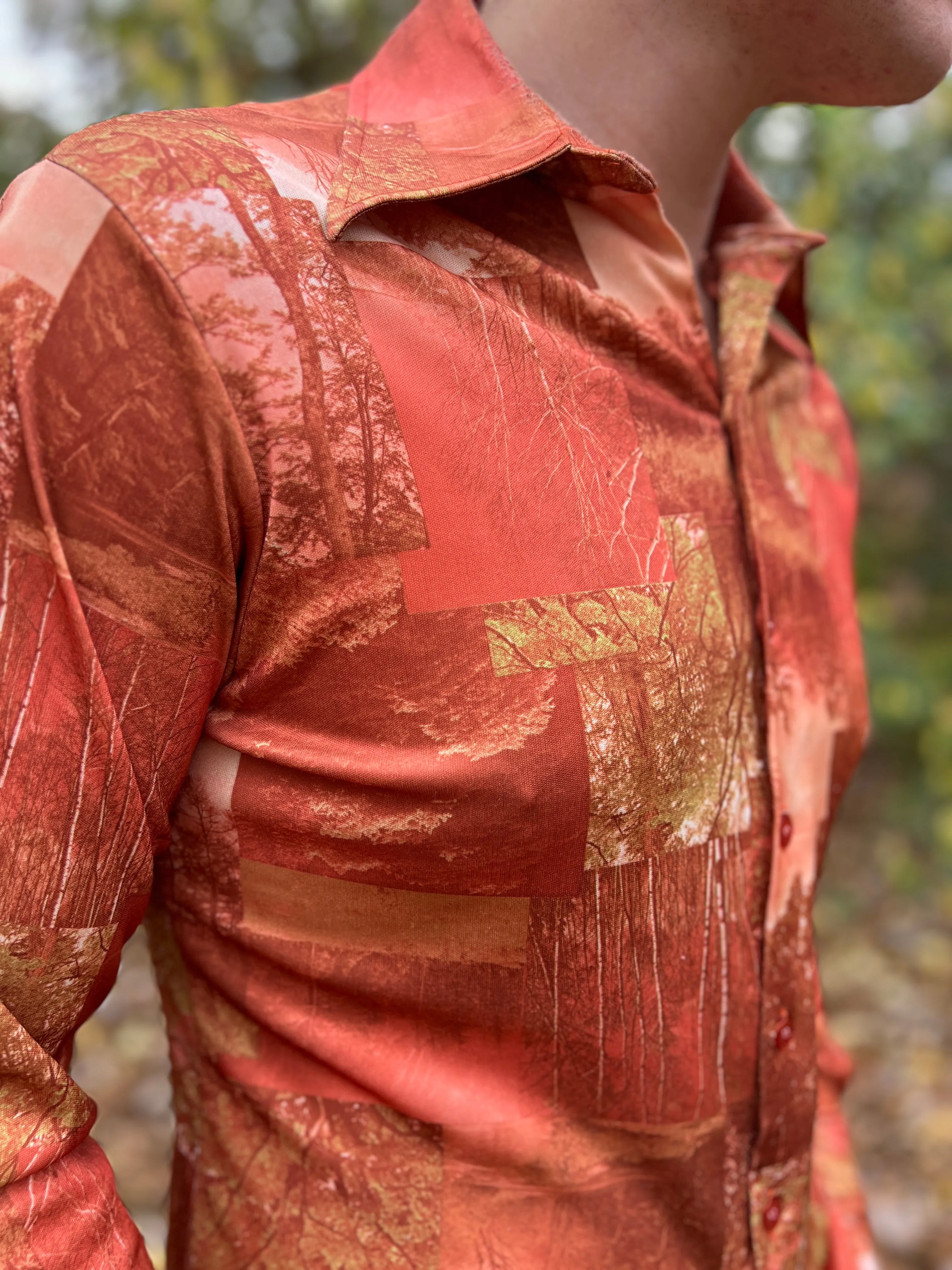 70s Mens Orange Polyester Photo Fabric Vintage Disco Shirt, LB
