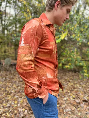 70s Mens Orange Polyester Photo Fabric Vintage Disco Shirt, LB