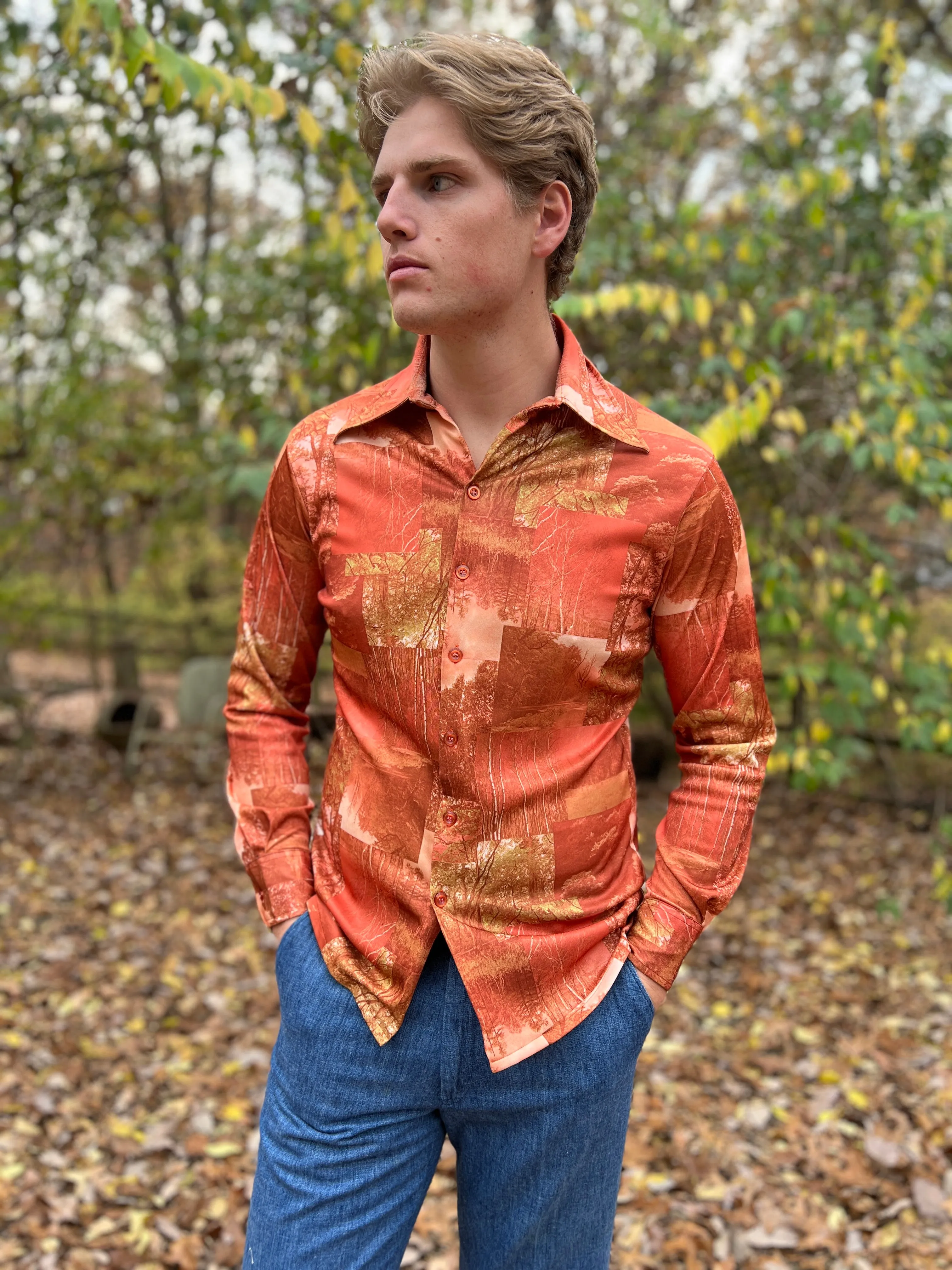 70s Mens Orange Polyester Photo Fabric Vintage Disco Shirt, LB