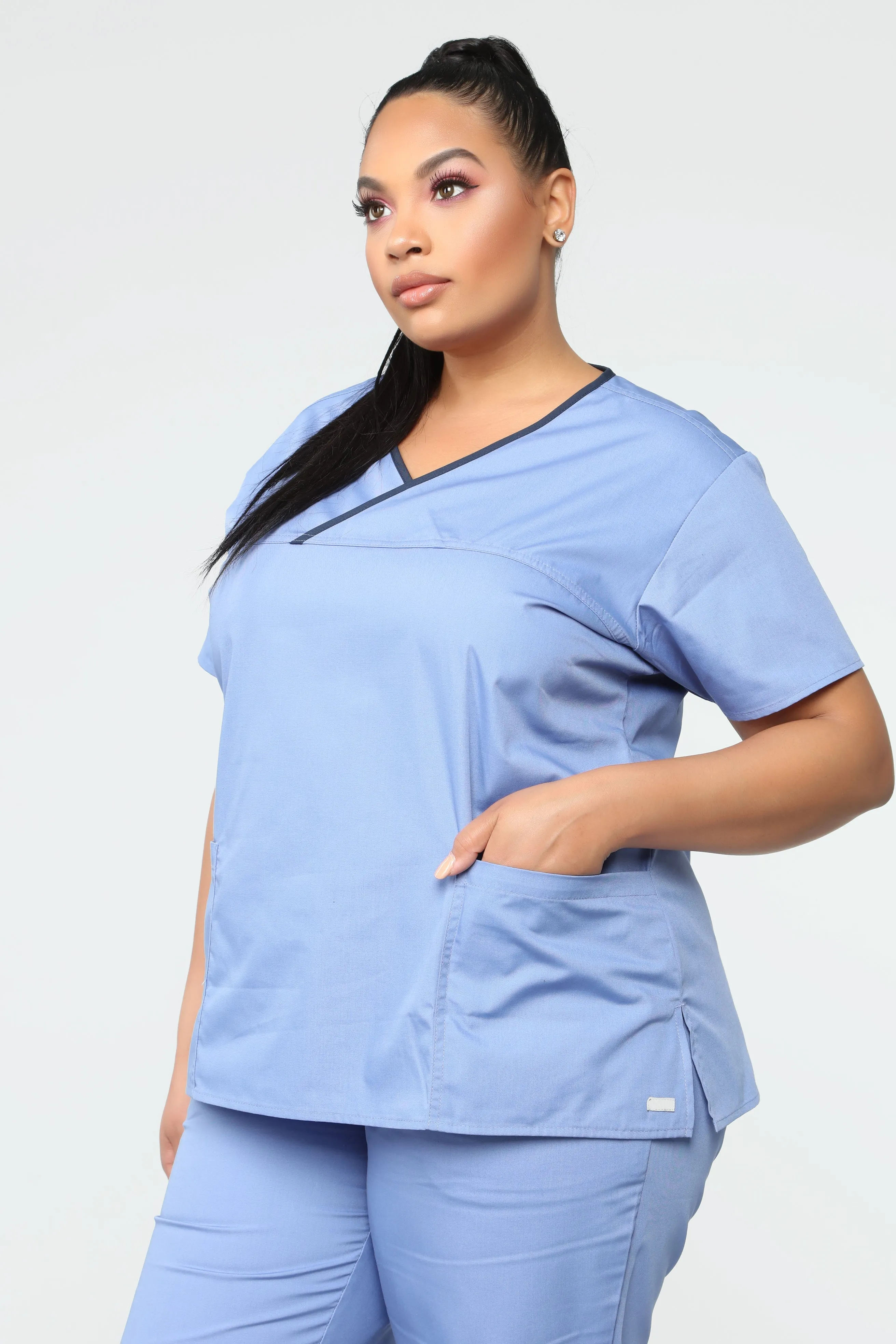 Be Patient Contrast Scrub Top - Ciel Blue