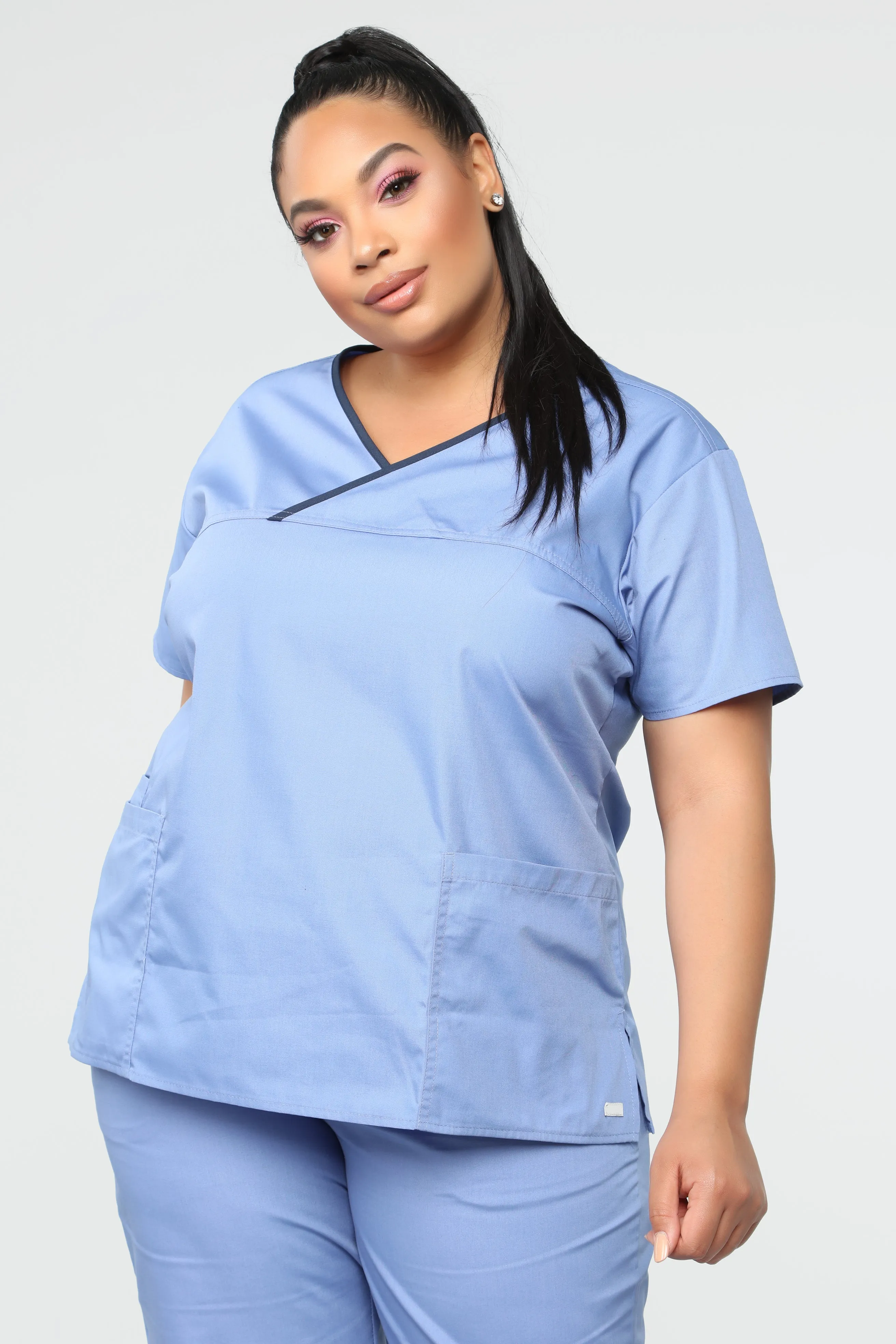 Be Patient Contrast Scrub Top - Ciel Blue