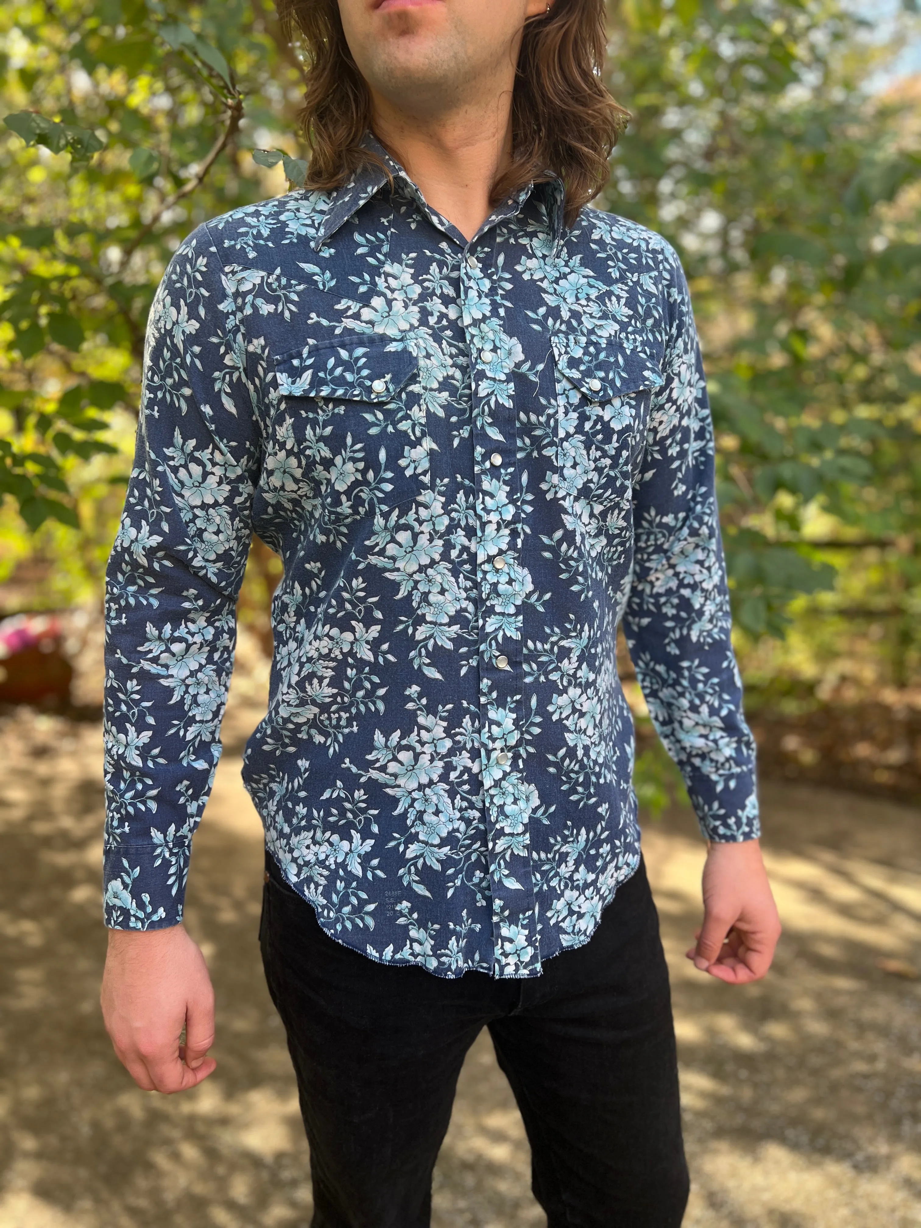 Mens 70s Blue Floral Western Shirt Out West By Campus